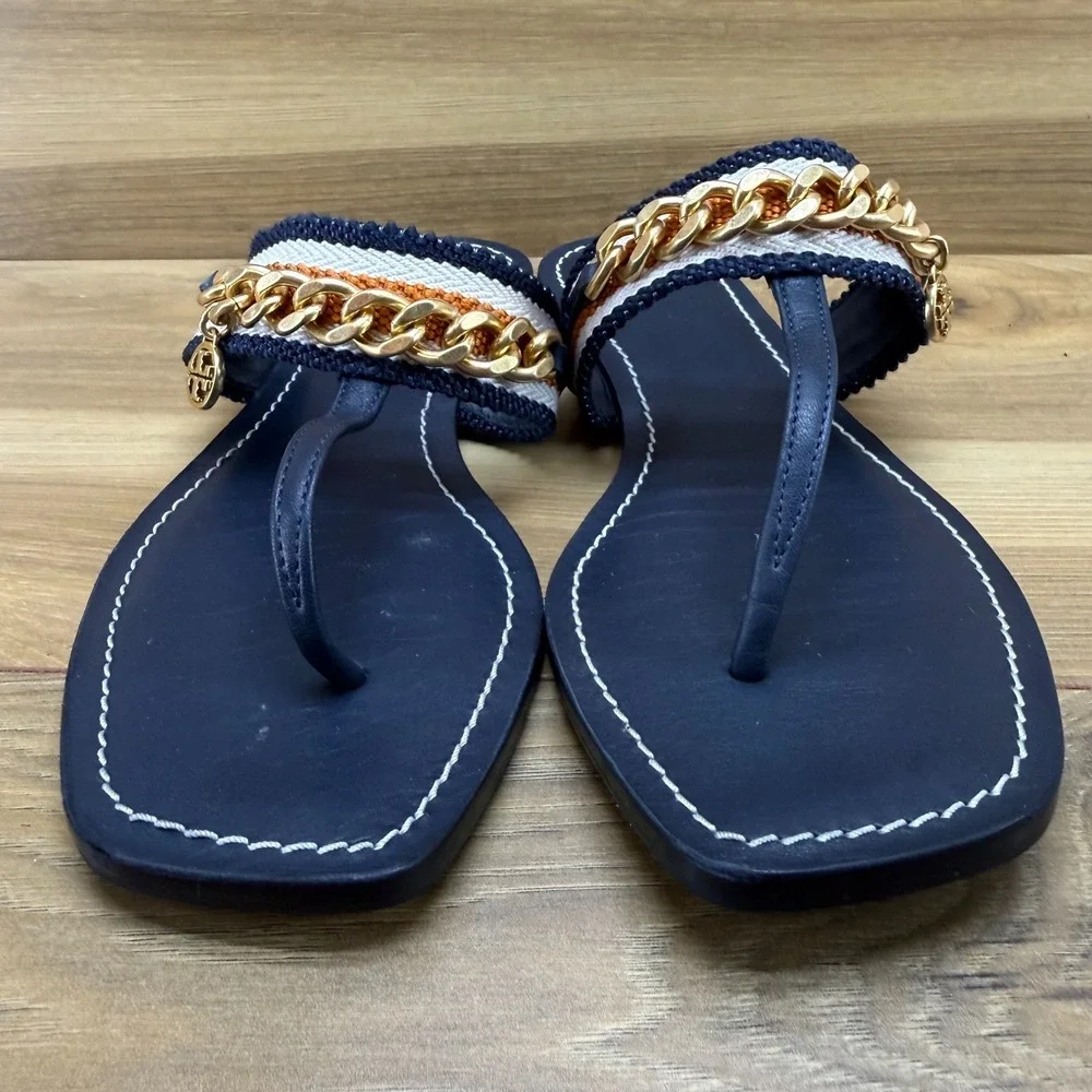 Tory Burch‎ Benton Chain Flip Flops Womens 7 M Navy Blue Leather Gold Hardware